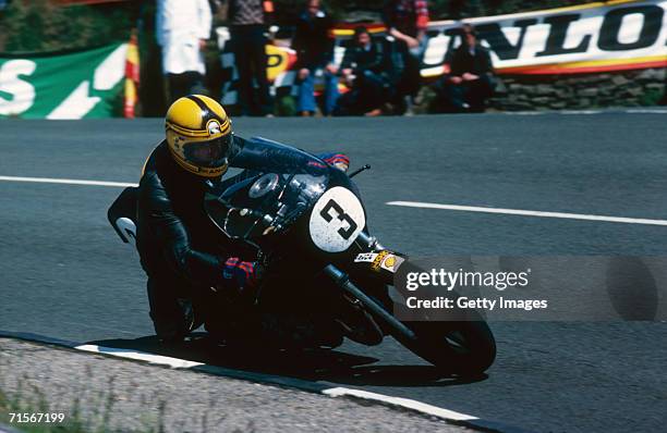 Irish racing motorcyclist Joey Dunlop riding in the Isle of Man TT races, June 1981.