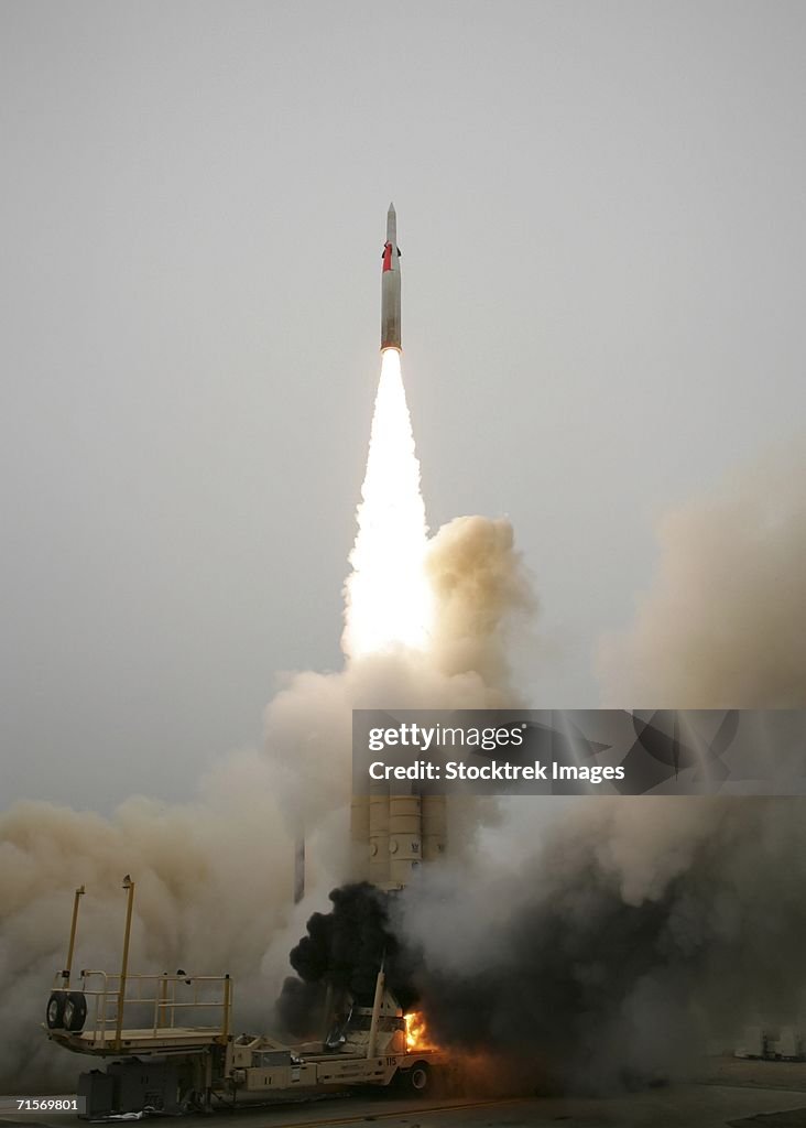 "Point Mugu Sea Range, California (August 26, 2004) ? An Arrow anti-ballistic missile interceptor is launched from its mobile platform during a joint Israel/United States developmental test at the Point Mugu Sea Range, California."
