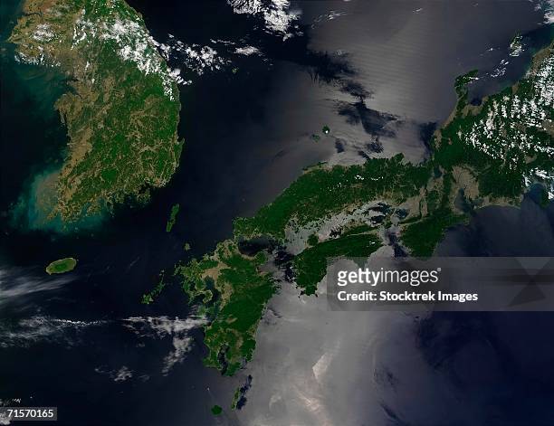 "north and south korea, satellite image" - north korea landscape - fotografias e filmes do acervo
