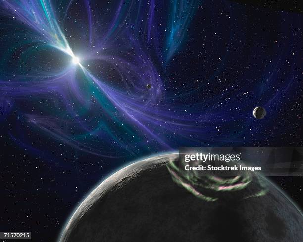 this artist's concept depicts the pulsar planet system discovered by aleksander wolszczan in 1992 - neutron star stock illustrations