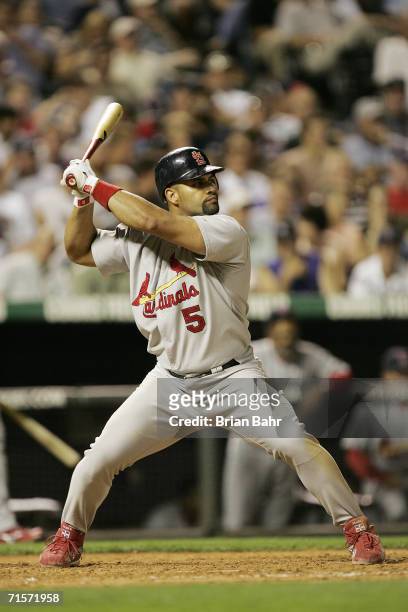 Albert Pujols of the St. Louis Cardinals bats against the Colorado Rockies at Coors Field on July 24, 2006 in Denver, Colorado. The Rockies defeated...