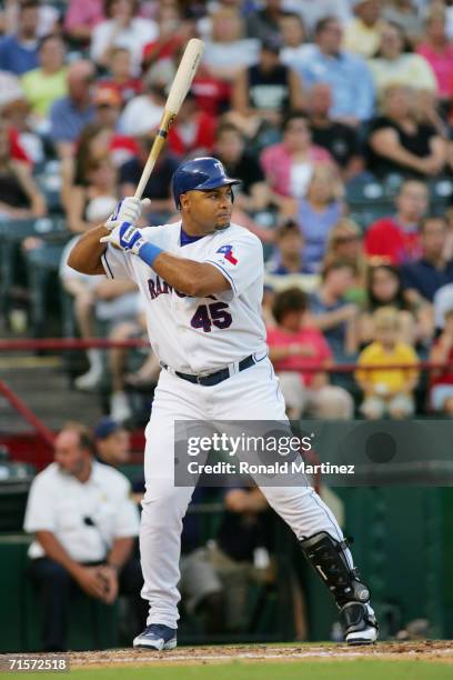 Carlos Lee of the Texas Rangers bats against the Kansas City Royals on July 29, 2006 at Ameriquest Field in Arlington, Texas. The Royals defeated the...