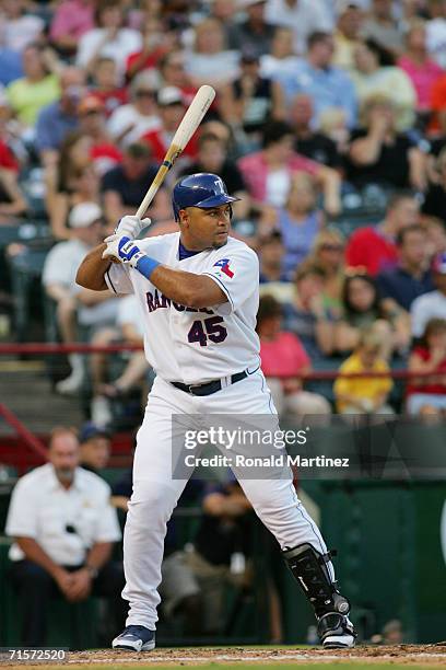 Carlos Lee of the Texas Rangers bats against the Kansas City Royals on July 29, 2006 at Ameriquest Field in Arlington, Texas. The Royals defeated the...