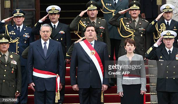 Peruvian President Alan Garcia his ministers of Defense Alan Wargner and Interior Pilar Mazzetti and military authorithies take part in ceremony at...