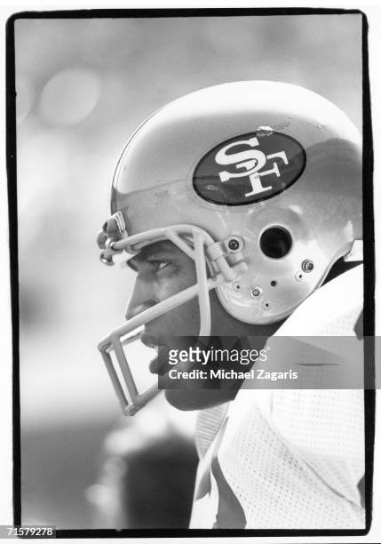 Running back O.J. Simpson of the San Francisco 49ers looks on against the New Orleans Saints at Candlestick Park on September 23, 1979 in San...