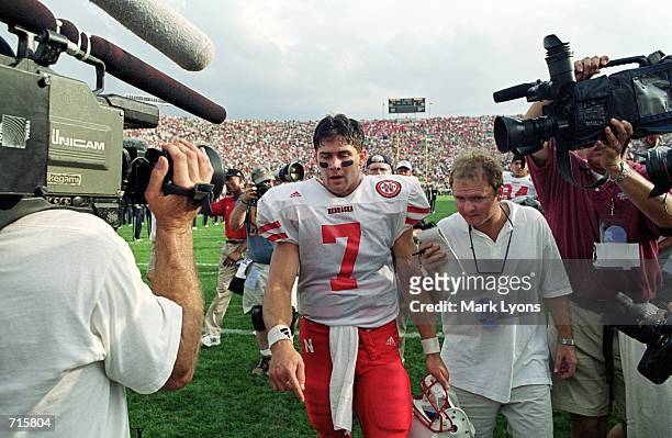 Eric Crouch of the Nebraska Cornhuskers gets interviewed by the media after the game against the Notre Dame Fighting Irish at the Notre Dame Stadium...