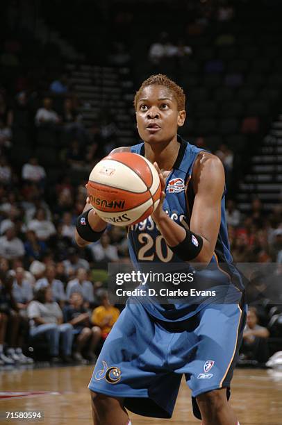 Alana Beard of the Washington Mystics prepares to shoot a free throw during a game against the San Antonio Silver Stars at AT&T Center on July 21,...