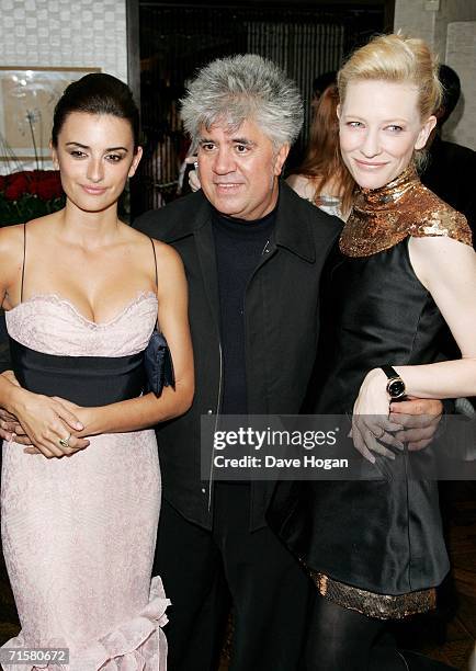 Director Pedro Almodovar and actresses Penelope Cruz and Cate Blanchett arrive at the after party following the UK premiere of ''Volver'' at...