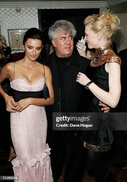 Director Pedro Almodovar and actresses Penelope Cruz and Cate Blanchett arrive at the after party following the UK premiere of ''Volver'' at...