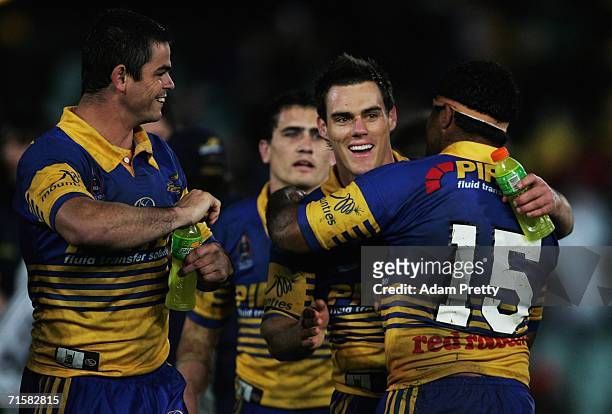 John Morris of the Eels is congratulated after the round 22 NRL match between the Parramatta Eels and the St George Illawarra Dragons at Parramatta...
