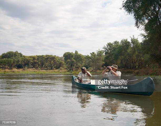 mature man in a canoe on the zambezi river - zambezi river stockfoto's en -beelden