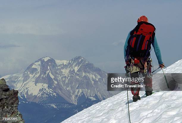 lone hiker standing in the snow viewing a snowcapped mountain peak in the distance - the bigger picture stock photos et images de collection
