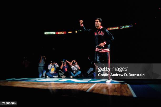 Rony Seikaly of the Miami Heat is introduced to the crowd during the team's first ever home game against the Los Angeles Clippers played November 5,...