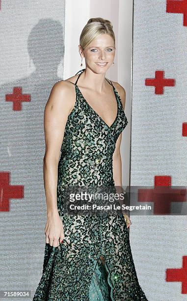 Former swimmer Charlene Wittstock poses at the Monaco Red Cross Ball, under the Presidency of HSH Prince Albert II, in the Salles des Etoiles at the...