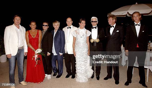 In this handout photo from SBM, singer Simon Le Bon of Duran Duran, Princess Stephanie of Monaco, musicians Andy Taylor and Nick Rhodes of Duran...