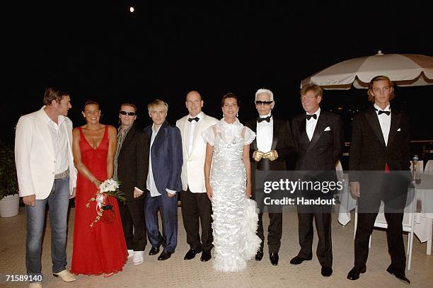 In this handout photo from SBM, singer Simon Le Bon of Duran Duran, Princess Stephanie of Monaco, musicians Andy Taylor and Nick Rhodes of Duran...