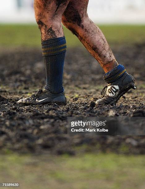 General view of muddy football boots during the Tooheys New Cup Round 10 match between Sydney University and Penrith at Sydney University Oval,...