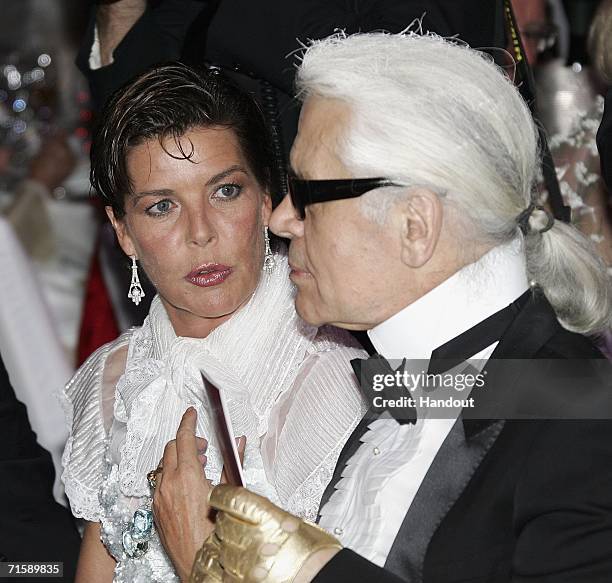 Designer Karl Lagerfeld and Princess Caroline of Hanover attend the Monaco Red Cross Ball, under the Presidency of HSH Prince Albert II, in the...