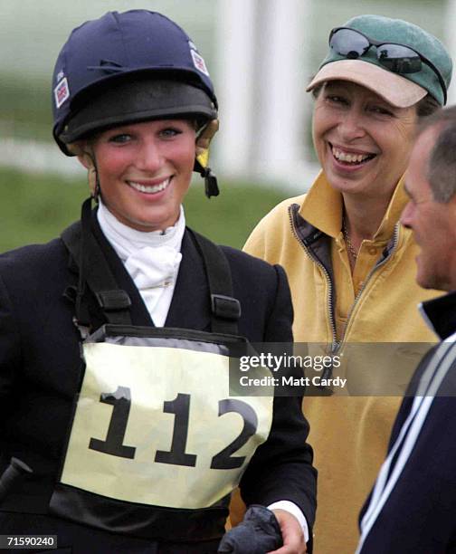 Zara Phillips laughs with her mother Princess Anne on the second day of the Gatcombe Horse Trials at the Gatcombe Estate on August 5, 2006 in...