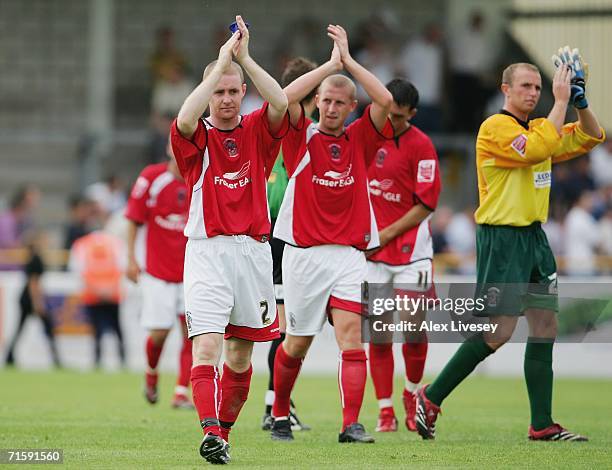 Peter Cavanagh the captain of Accrington Stanley claps the fans along with his team mates after the Coca-Cola League Two match between Chester City...