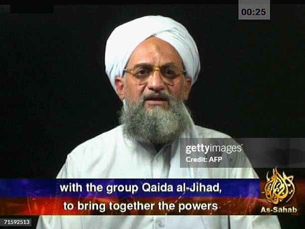 Frame grab from a videotape aired 05 August 2006 on the Qatar-based Al-Jazeera television network shows Al-Qaeda second-in-command Ayman Al-Zawahiri...