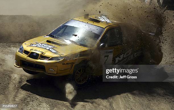 Colin McRae and Nicky Grist of England crash while driving in the Rally Car Racing Final during the ESPN X Games on August 5, 2006 at the Home Depot...