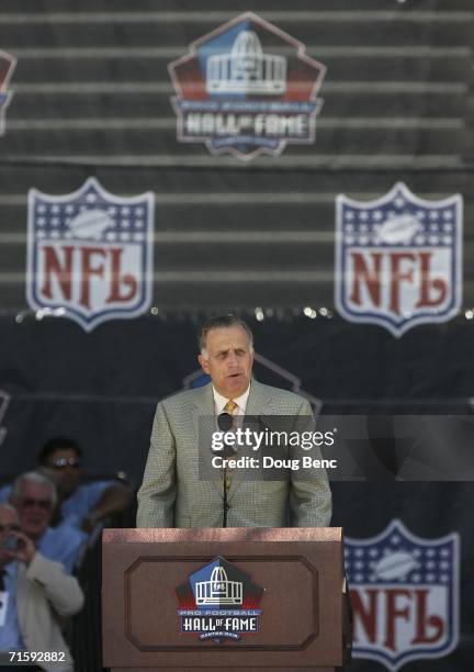 Commissioner Paul Tagliabue speaks during the Class of 2006 Pro Football Hall of Fame Enshrinement Ceremony at Fawcett Stadium on August 5, 2006 in...