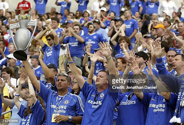 Chelsea FC fans sing as their team takes on the MLS All-Stars on August 5, 2006 during the Sierra Mist MLS All-Star friendly match at Toyota Park in...