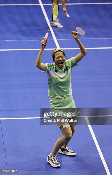 Chia-Chi Huang of Australia celebrates winning the Womens Singles Final against Aiying Xing of Singapore during the New Zealand Badminton Open played...