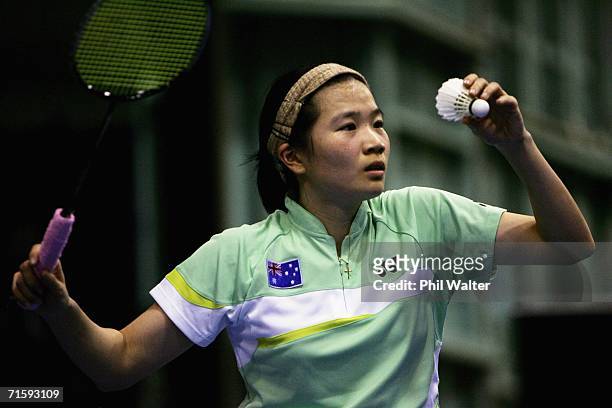 Chia-Chi Huang of Australia prepares to make a serve to Aiying Xing of Singapore during the Womens Singles Final at the New Zealand Badminton Open...