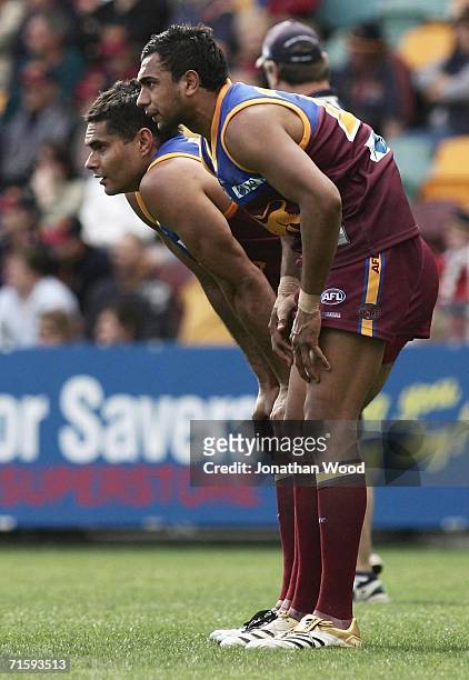 Jason Roe and Mal Michael of the Lions have a discussion during the round 18 AFL match between the Brisbane Lions and Geelong at the Gabba on August...