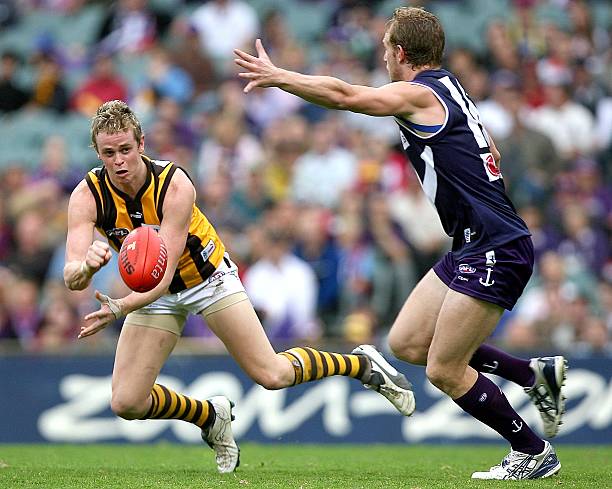 Beau Dowler of the Hawks in action during the round 18 AFL match between the Fremantle Dockers and the Hawthorn Hawks at the Subiaco Oval on August...