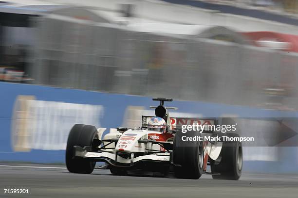 Jenson Button of Great Britain and Honda Racing in action during the Hungarian Formula One Grand Prix at the Hungaroring on August 6, 2006 in...