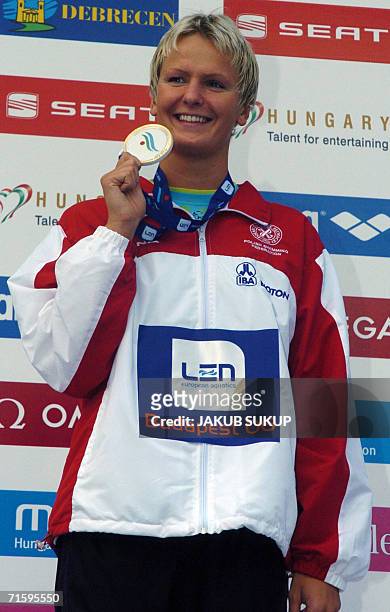 Otylia Jedrzejczak of Poland is celebratring her victory after Women's 200 meters Butterfly during the 28th LEN European Championship in Budapest 06...