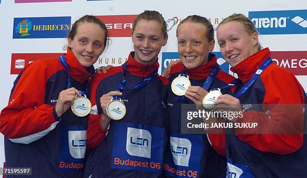 Melanie Marshall, Kirsty Balfour, Terri Dunning and Francesca Halsall of Great Britain are celebrating their victory after Women's 4x100 meters...