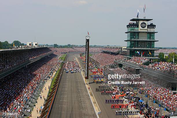 General view of Pre race ceremonies on the front streach and pit road prior to the NASCAR Nextel Cup Series Allstate 400 at the Brickyard on August...