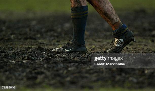 General view of muddy football boots during the Tooheys New Cup Rd 10 match between Sydney University and Penrith at Sydney University Oval, August...