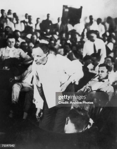 Defending lawyer Clarence Darrow addresses the jury during the trial of John Thomas Scopes, a schoolteacher accused of teaching the theory of...