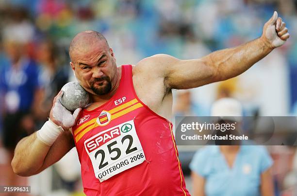 Manuel Martinez of Spains competes during the Men's Shot Put Final on day one of the 19th European Athletics Championships at the Ullevi Stadium on...