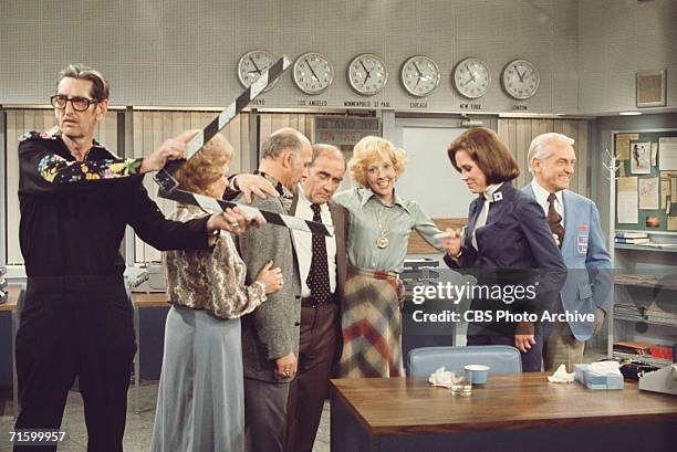 American actors Betty White, as Sue Ann Nivens, Gavin McLeod, as Murray Slaughter, Ed Asner, as Lou Grant, Georgia Engel, as Georgette Franklin...