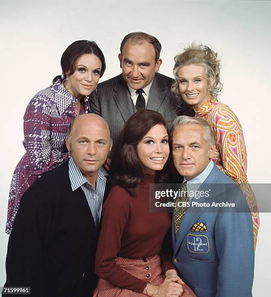 American actors Valerie Harper, as Rhoda Morgenstern, Ed Asner, as Lou Grant, Cloris Leachman, as Phyllis Lindstrom, Gavin McLeod, as Murray...