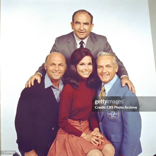 Group puiblicity portrait of the cast of the CBS situation comedy 'Mary Tyler Moore' shows Gavin McLeod, as Murray Slaughter, Mary Tyler Moore, as...