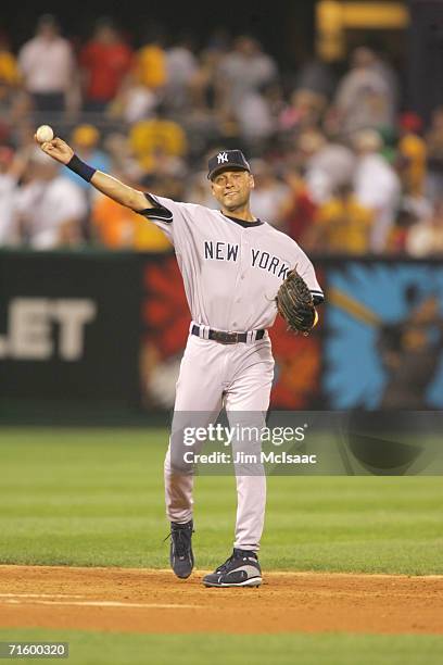 American League All-Star shortstop Derek Jeter throws the ball against the National League during the 77th MLB All-Star Game on July 11, 2006 at PNC...