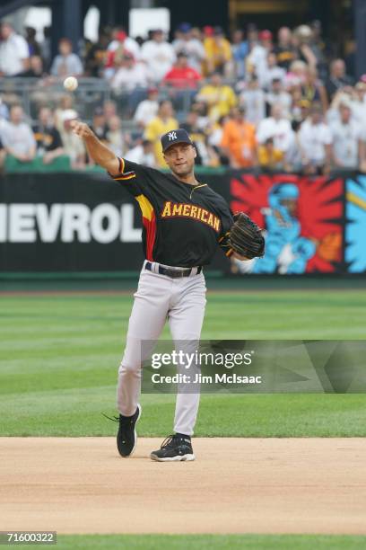 American League All-Star shortstop Derek Jeter throws the ball against the National League during the 77th MLB All-Star Game on July 11, 2006 at PNC...