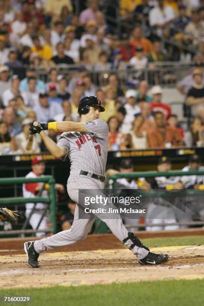 American League All-Star catcher Joe Mauer bats against the National League during the 77th MLB All-Star Game on July 11, 2006 at PNC Park in...