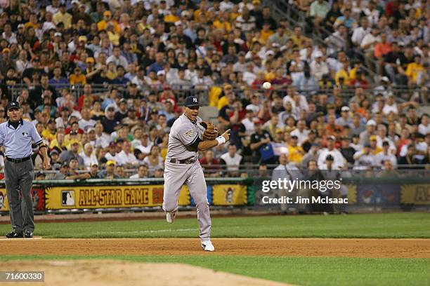 American League All-Star third baseman Alex Rodriguez throws the ball against the National League during the 77th MLB All-Star Game on July 11, 2006...