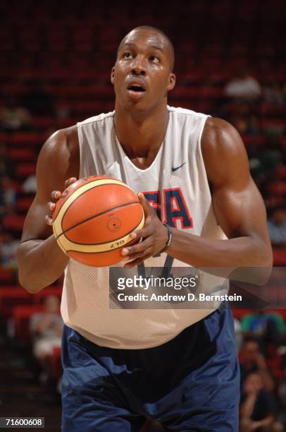 Dwight Howard of the USA Senior Men's National Team prepares to shoot a free throw during a scrimmage game against the Puerto Rico Senior National...