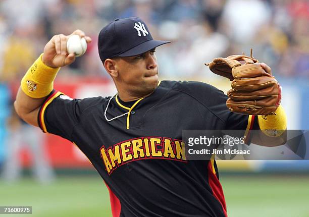 American League All-Star third baseman Alex Rodriguez of the New York Yankees warms-up on the field before the 77th MLB All-Star Game at PNC Park on...