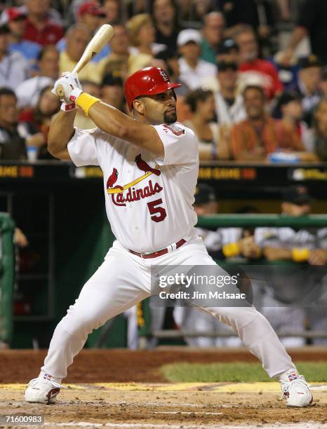 The National League All-Star first baseman Albert Pujols bats against the American League All-Star team during the 77th MLB All-Star Game at PNC Park...