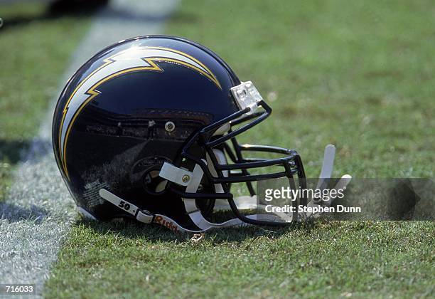Close up view of a helmet of the San Diego Chargers taken on the field during the game against the Denver Broncos at the Qualcomm Stadium in San...